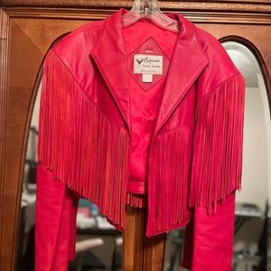 Red leather cowgirl roadie fringe jacket
